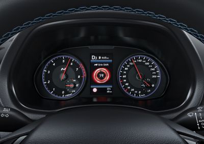 Steering wheel and digital cluster of the new Hyundai i30 N performance hatchback.